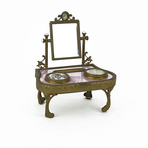 Vintage French Bronze and Guilloche Enameled Miniature Ladies Desk