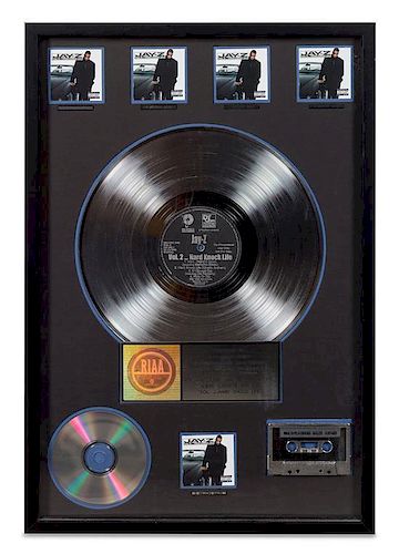 A Jay-Z: Vol 2... Hard Knock Life RIAA Certified 5x Platinum Presentation Album 24 3/4 x 16 3/4 inches.
