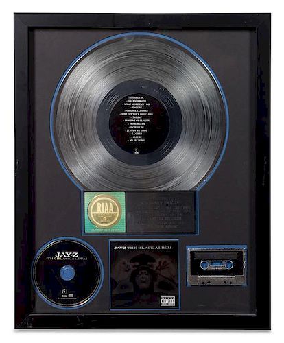 A Jay-Z: The Black Album RIAA Certified 2x Platinum Presentation Album 21 1/4 x 17 1/4 inches.