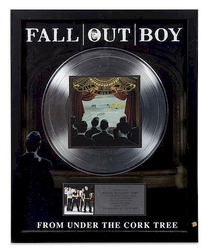 A Fall Out Boy: From Under the Cork Tree RIAA Certified 2x Platinum Presentation Album 21 1/4 x 17 1/4 inches.