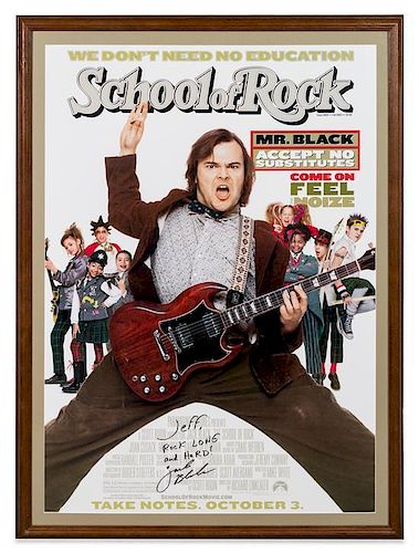 A Jack Black: School of Rock Autographed Movie Poster. 42 1/2 x 31 inches overall.