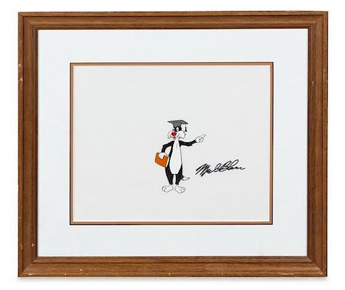 A Mel Blanc Autographed Animation Cel of Sylvester Cat 15 3/4 x 17 3/4 inches overall.