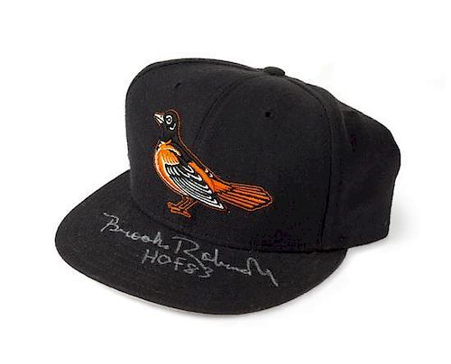 A Brooks Robinson Autographed Baseball Hat Height of display case 6 1/2 x width 10 1/2 x depth 9 1/2 inches.