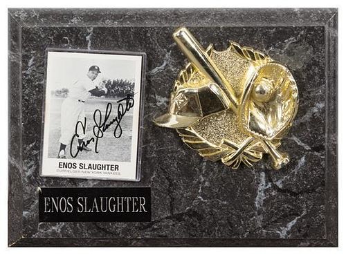 An Enos Slaughter Autographed Baseball Card Card 3 1/2 x 2 1/2 inches.