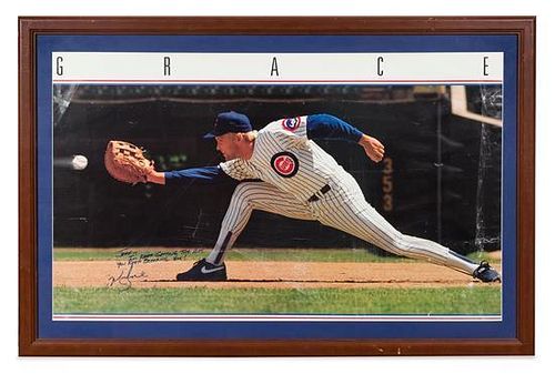 A Mark Grace Autographed Chicago Cubs Poster 20 x 33 1/2 inches visible.