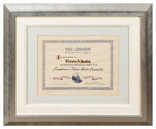 A Dwight D. Eisenhower and Richard Nixon Autographed Sports Commottee Certificate 10 1/4 x 13 1/4 inches visible.