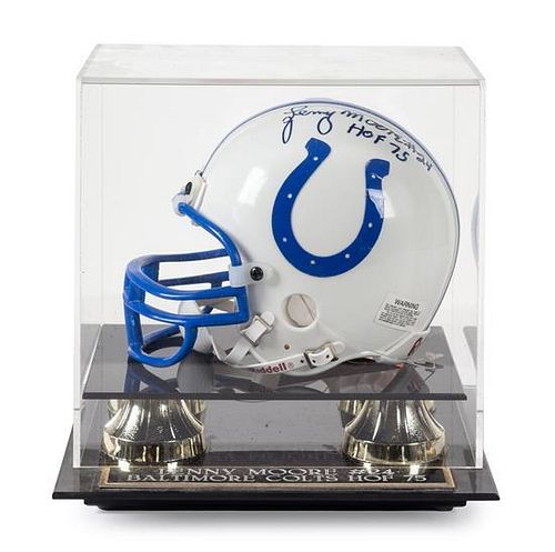 A Lenny Moore Autographed Mini-Helmet Height of display case 8 x wieth 8 x depth 7 inches.