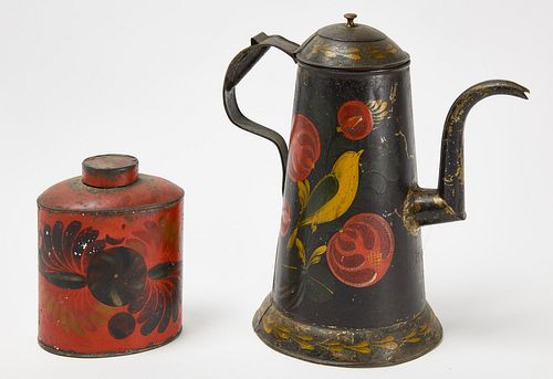 Tole Decorated Coffee Pot and Tea Caddy