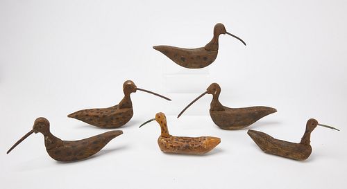 Six Primitive Carved Shorebird Decoys
