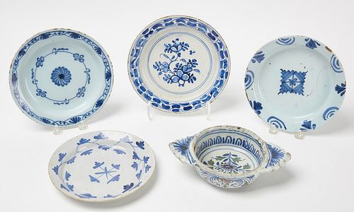 Four White and Blue Delft Plates and Bowl