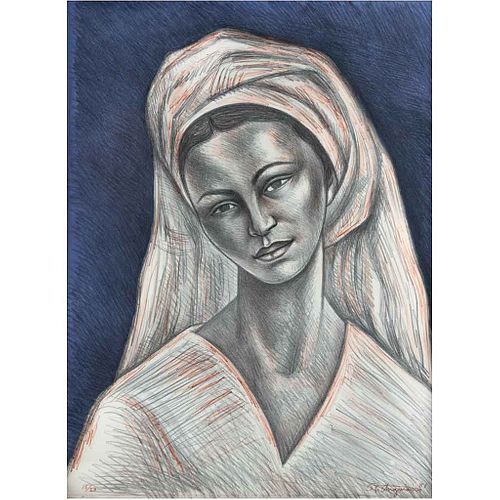 RAÚL ANGUIANO, Mujer con rebozo, Firmada y fechada 81, Litografía 16/20, 75 x 55 cm