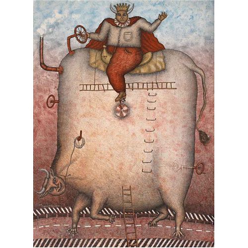 MAXIMINO JAVIER, La Vaca Mecánica, de la Suite la Aventura de Belcebú, Firmada y fechada 83, Litografía 61/100, 76 x 56 cm