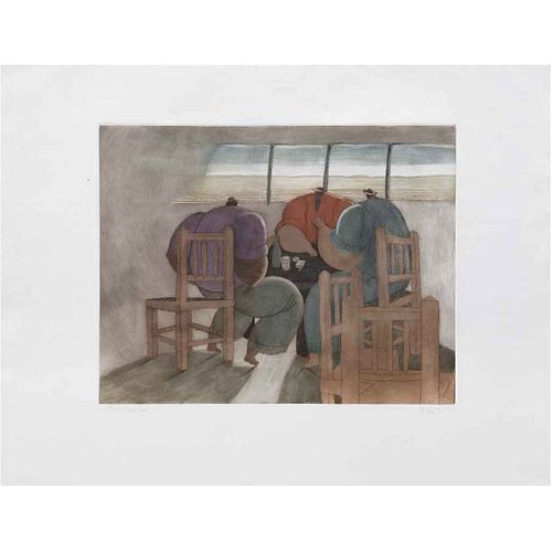 ANTONIO LÓPEZ SÁENZ, Hombres y sillas, Firmado, Grabado al aguafuerte B. A. T.,  50 x 60 cm