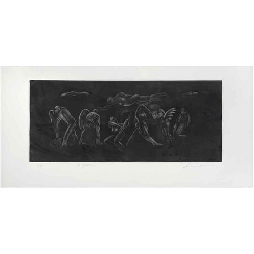 JOSÉ LUIS CUEVAS, La guerra, de la carpeta Kafka: Metamorfósis, Firmado, Grabado al aguatinta P. A., 40.5 x 80 cm