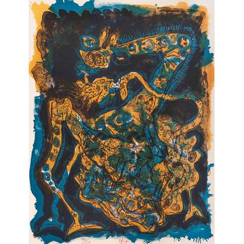 RODOLFO NIETO, Jirafa azul y amarillo, 1967, Firmada, Litografía 50/50, 65 x 50 cm