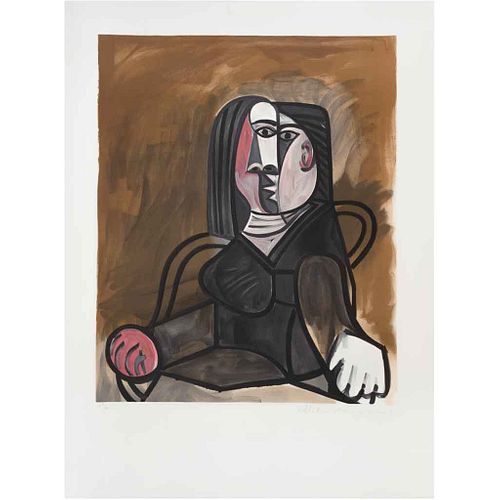 PABLO PICASSO, Mujer sentada en un sillón, Firmada por Marina Picasso, Litografía 307/500, 75 x 56 cm, con sello.