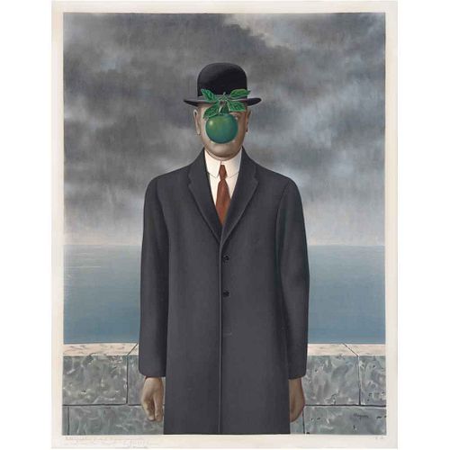 RENÉ MAGRITTE, El hijo del hombre,1973, Firmada por Georgettte Magritte, Litografía E.A. ed. póstuma, 90 x 67 cm, con sello.