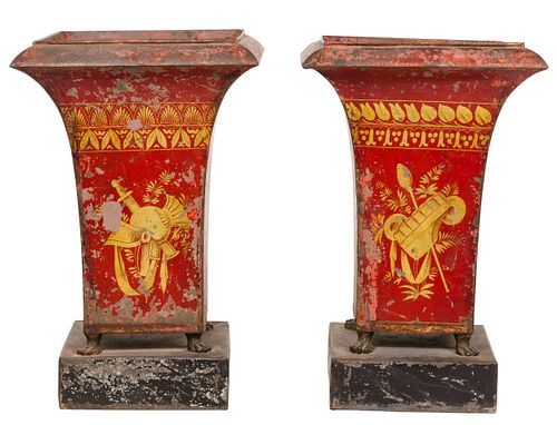 French Neoclassical Directoire Style Gilt and Red Metal Tole Vases