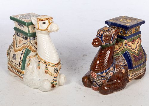 Two Camel-Form Ceramic Garden Seats, Modern