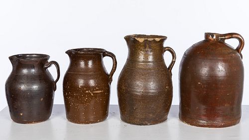 3 Brown Glazed Pitchers and a Jug
