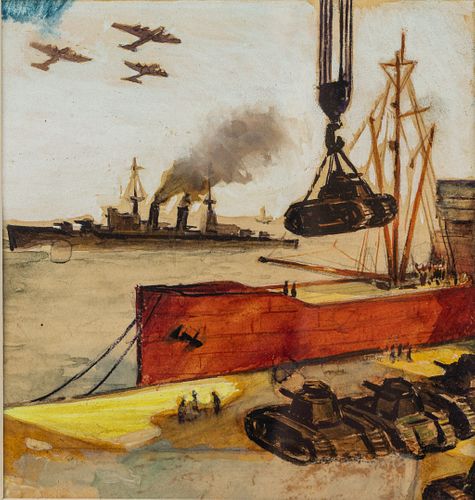 Shipyard Scene "Our America" Series,  1940s, Gouache