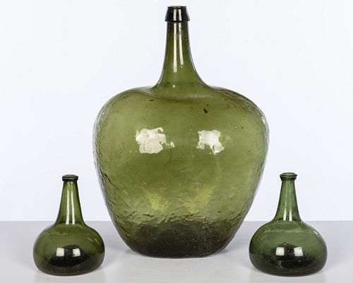 Large Green Blown Glass Bottle & Two Smaller Bottles