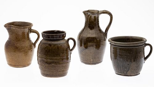 3 Brown Glazed Pitchers and a Crock