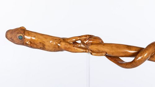 D.P. Dahlquist Cane Carved with Frog and Lizard
