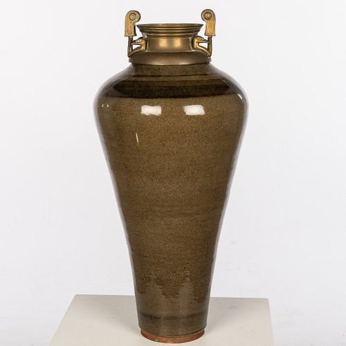 Brass Mounted Large Ceramic Vase