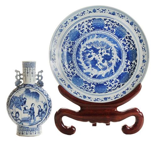 Asian Blue and White Charger and Vase