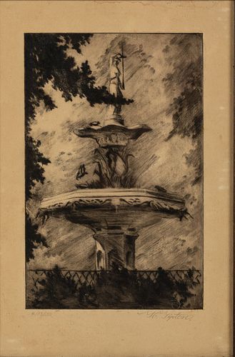 H. Tipton, Forsyth Fountain, April 13, 1932, Etching