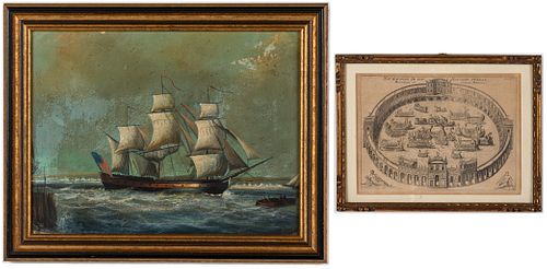 Painting of Masted Ship & Print of the Coliseum