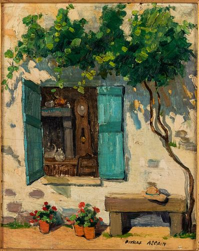 Pierre Ascain, Window with Flowers, Oil on Board