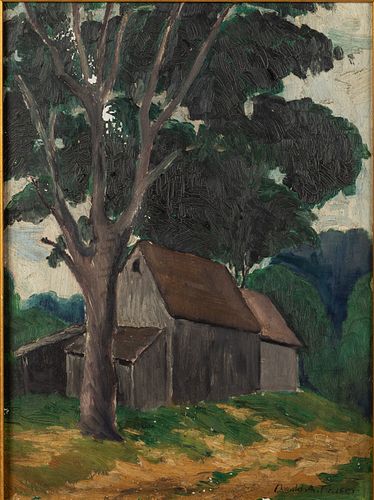 Donald A. Traser, Tree with Barn, Oil on Board