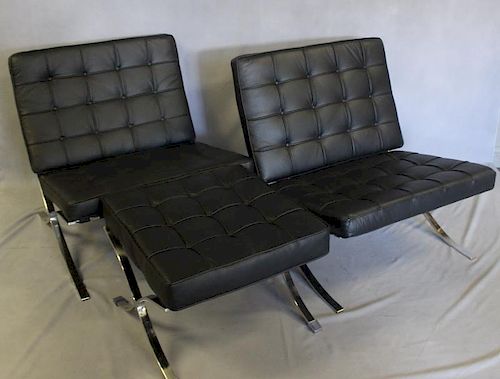 Pair of Black Barcelona Style Chairs with Ottoman.