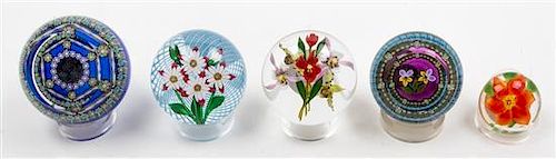 * A Collection of Five Glass Paperweights Diameter of widest 3 1/2 inches.