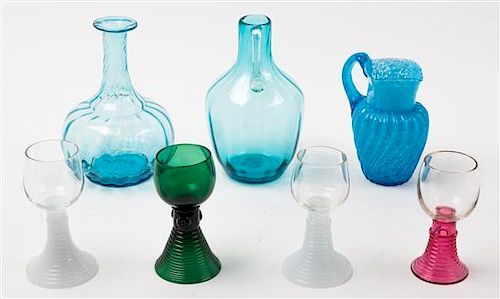 A Group of Seven Colored Glass Articles Height of first 7 3/4 inches.