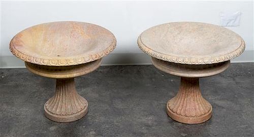 A Pair of Carved Marble Urns Height 19 1/2 x diameter 25 1/2 inches.