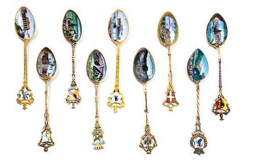 * A Group of Nine German Gilt Silver and Enamel Demitasse Spoons. Length 5 1/4 inches.