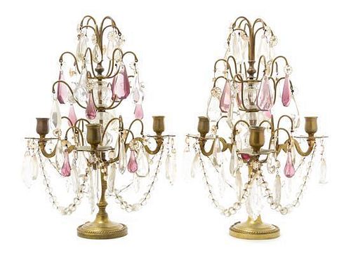 * A Pair of Brass and Glass Three-Light Candelabra Height 16 inches.