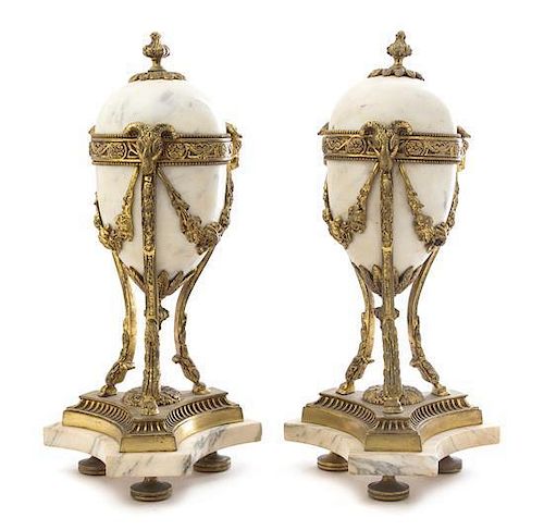 * A Pair of Gilt Bronze Mounted Marble Ornaments Height 13 3/4 inches.