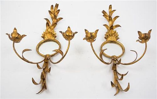 * A Pair of Tole Two-Light Sconces Height 21 1/2 inches.