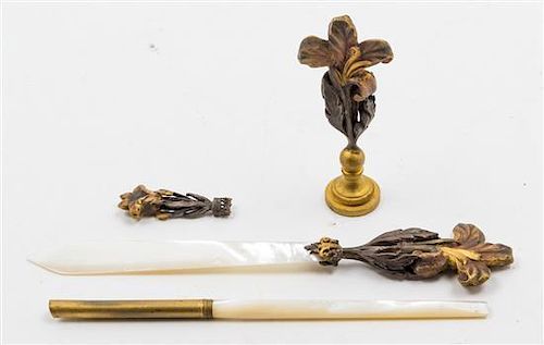 An Art Nouveau Bronze and Mother-of-Pearl Desk Set Length of first 7 1/4 inches.
