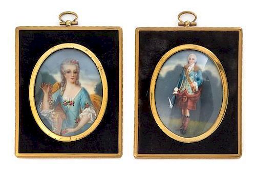 * A Group of Four Painted Portrait Miniatures Height of largest overall 8 inches.
