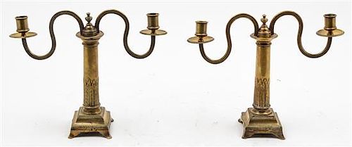 A Pair of Brass Two Light Candelabra Height 10 1/4 inches.