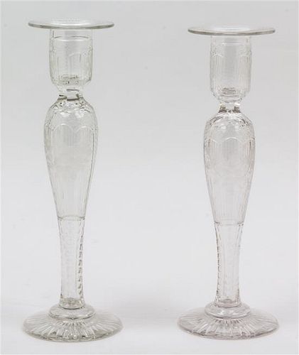 * A Pair of Etched Glass Candlesticks. Height 10 3/4 inches.