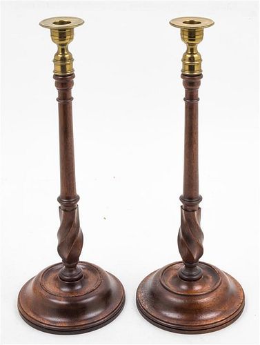 * A Pair of Victorian Turned Wood Candlesticks Height 15 inches.