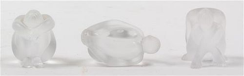 Three Lalique Frosted Glass Figures Height of first 2 1/8 inches.