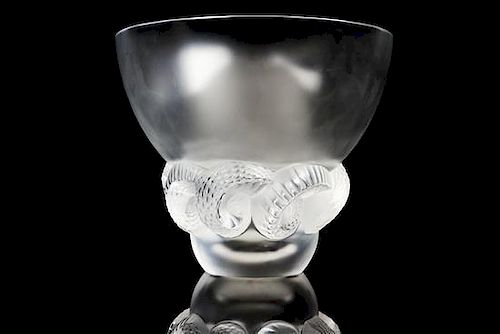 A Lalique Molded and Frosted Glass Vase Height 8 1/4 inches.