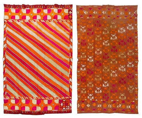 * Two Indian Silk Embroidered Cotton Phulkari Shawls Largest 49 x 92 inches.